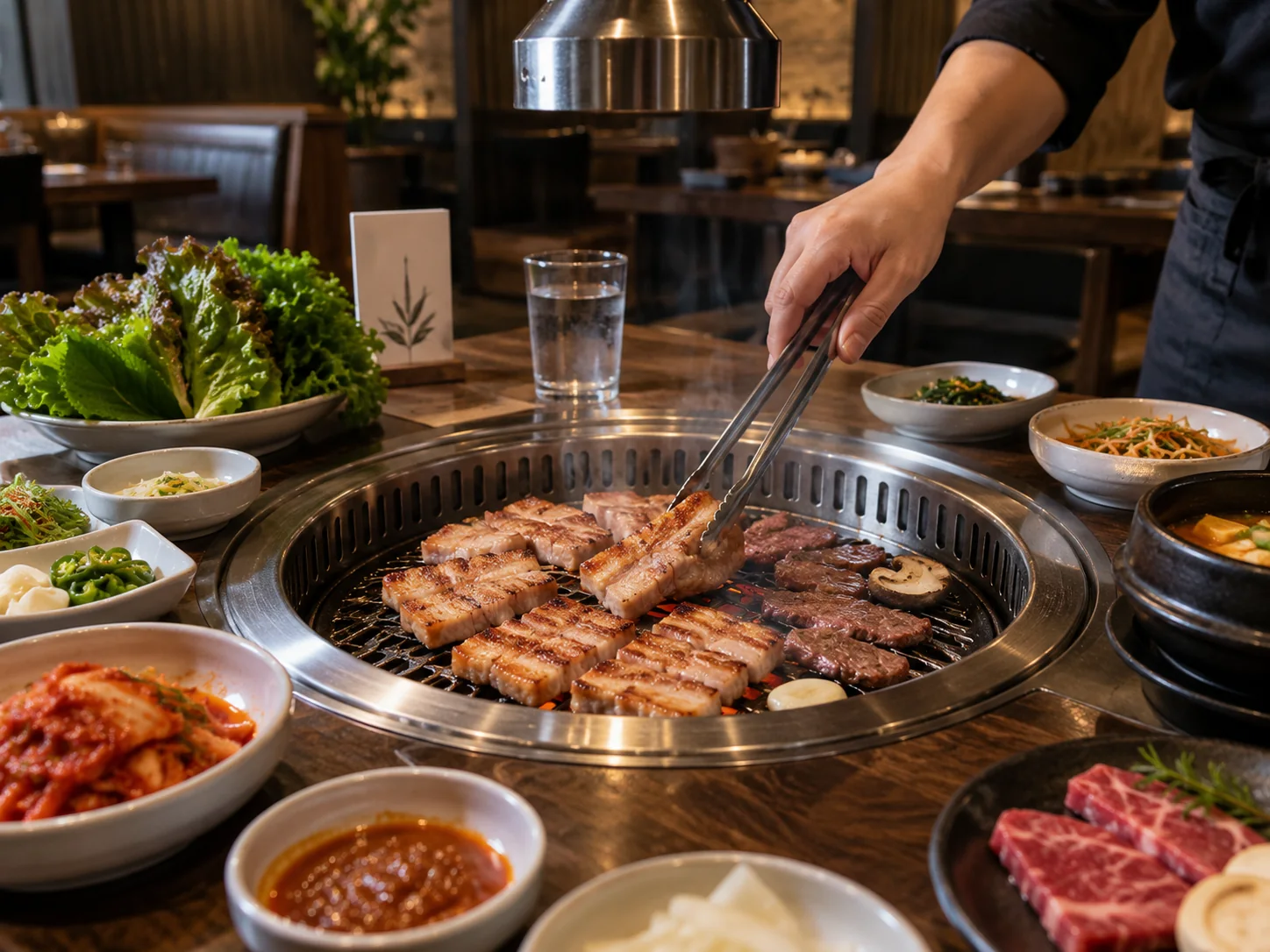 테이블 불판에서 집게로 고기를 굽는 모습